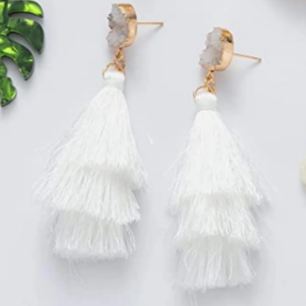 Women's handmade Boho style white tassel earrings with white stone's